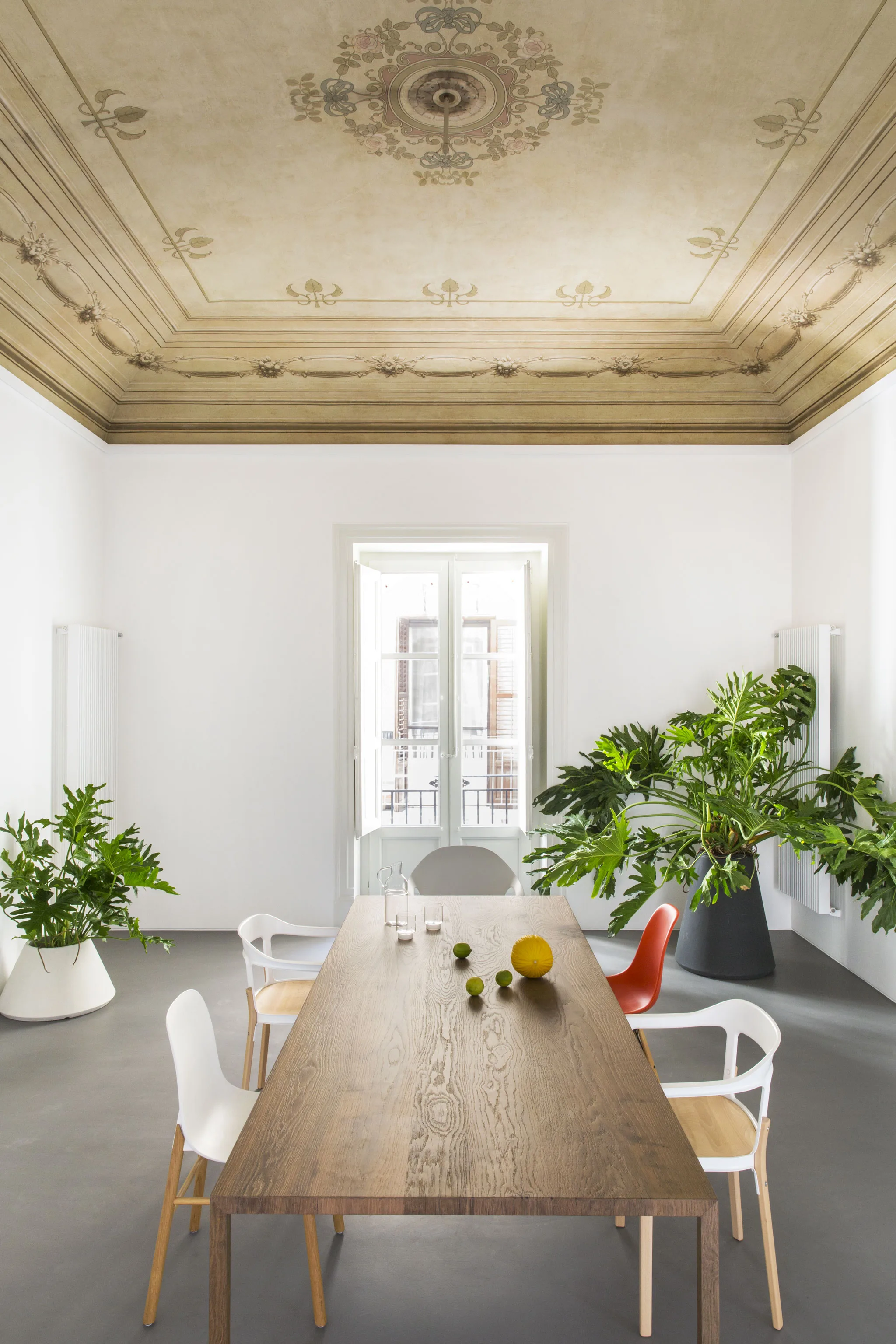 Dark wood table with chairs and large plants beneath a frescoed ceiling