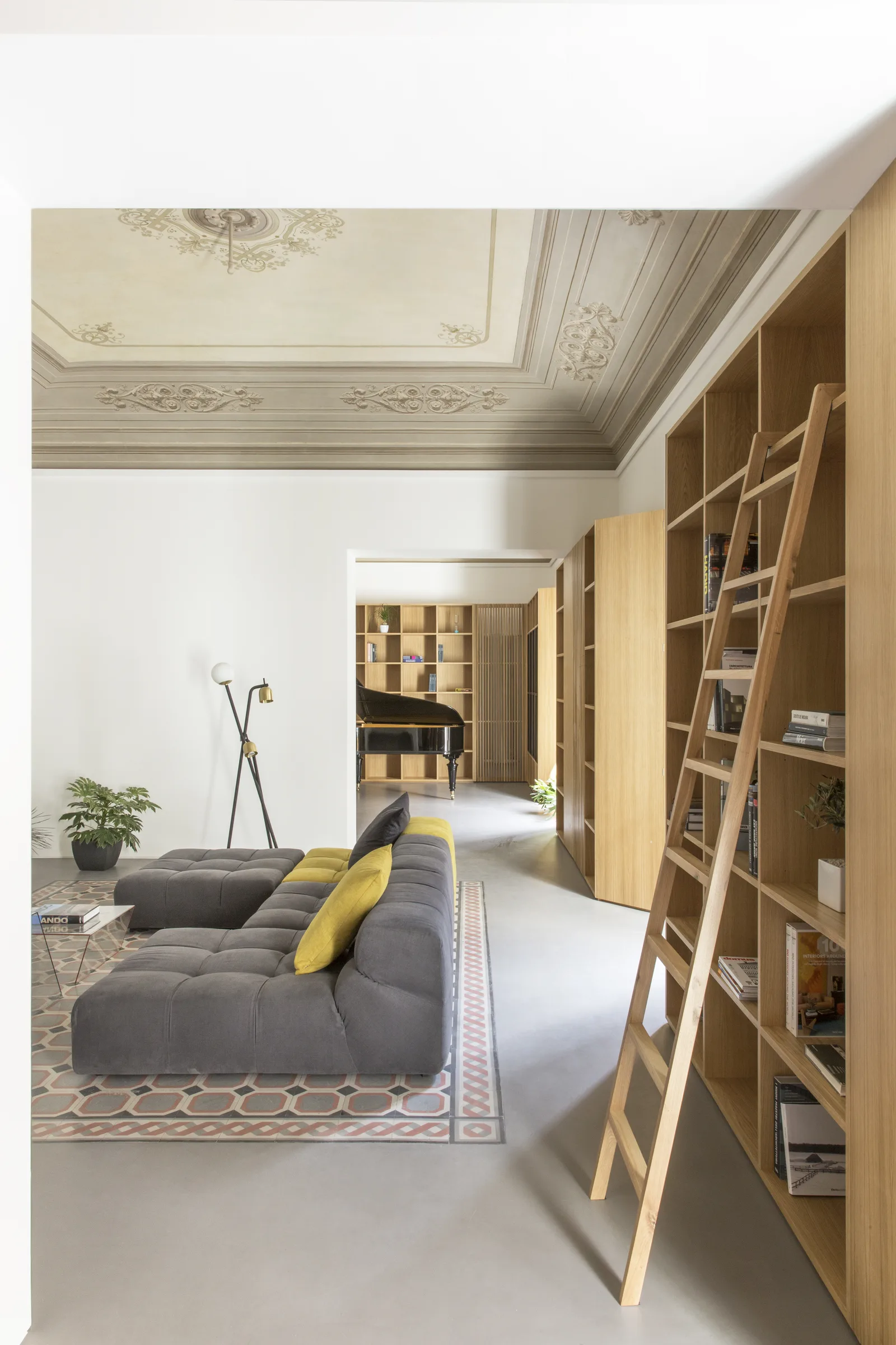 The living room seen from the entrance, with the ladder leaning on the oak bookcase
