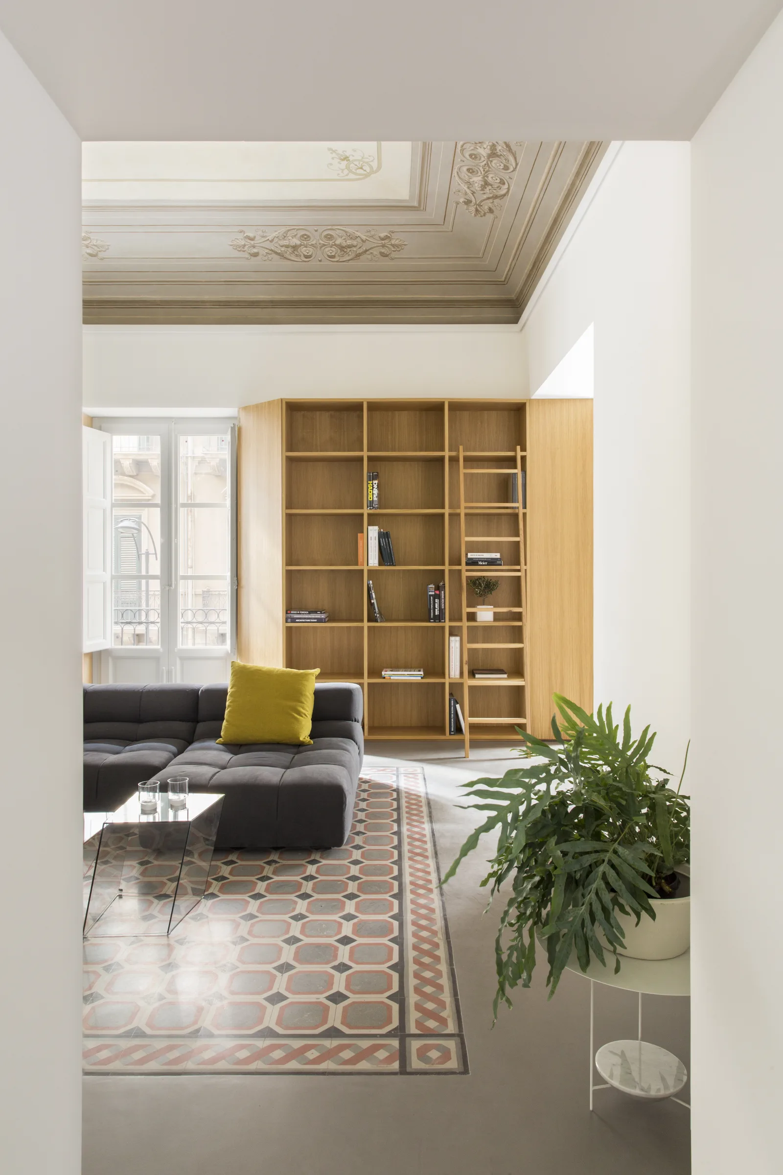 Living room framed by a doorway, with a plant in the foreground and a tiled floor