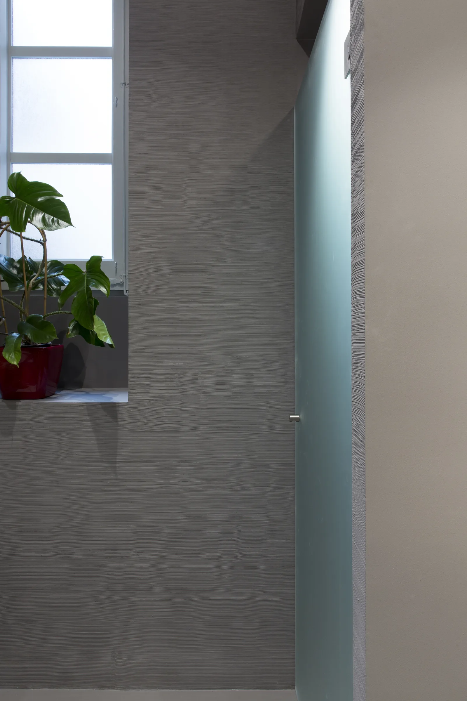 Grey resin lobby with frosted glass door and a plant at the window