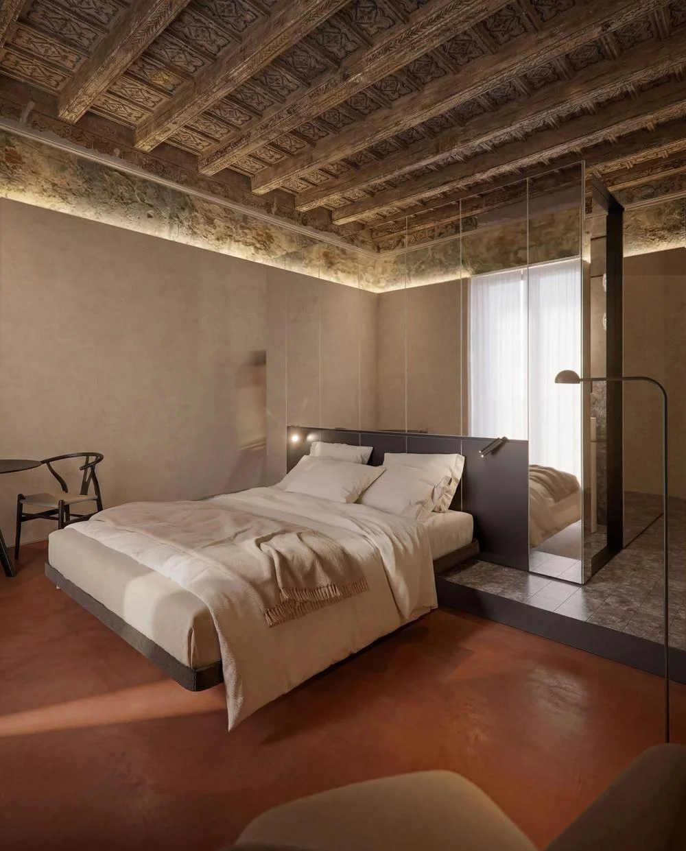 Boutique hotel di sei chiavi a Palermo: render della camera sotto il solaio in legno
